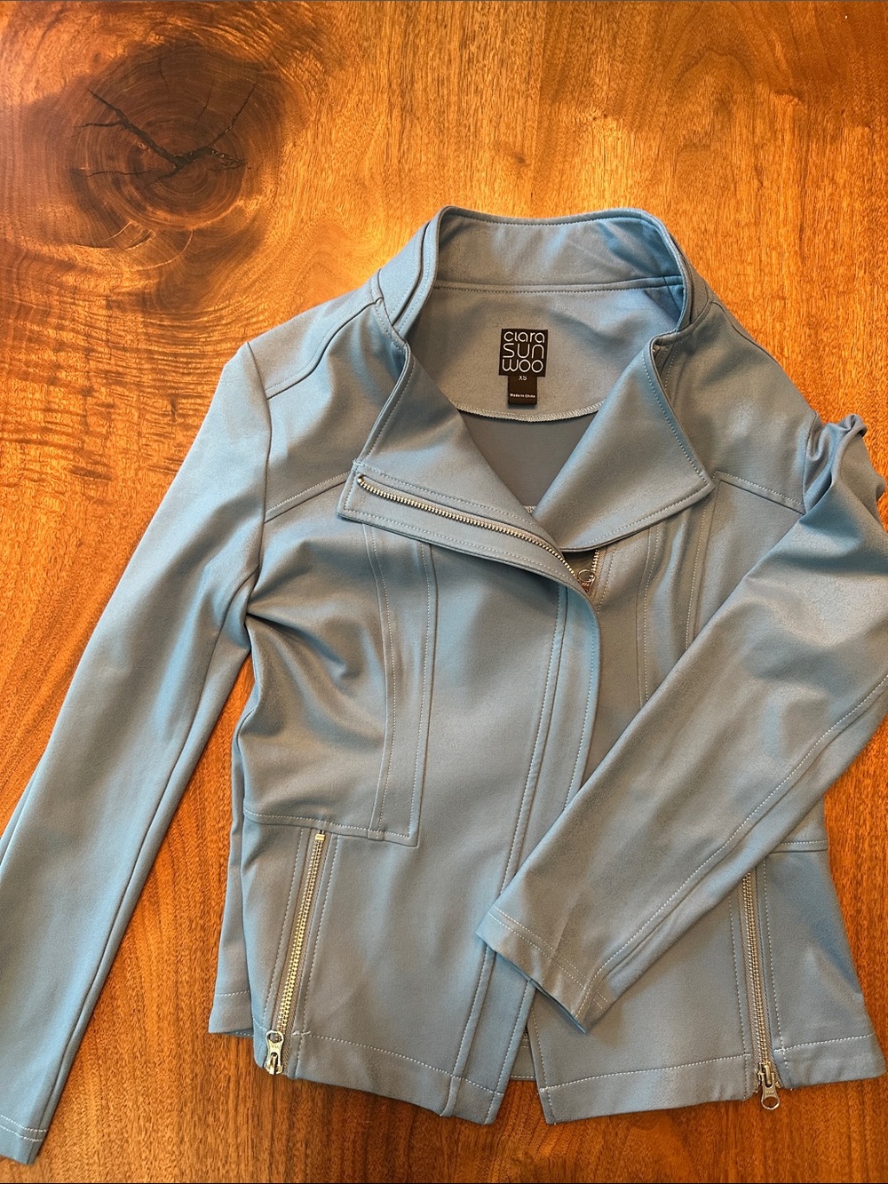 Clara Sunwoo Light Blue liquid leather Moto Jacket